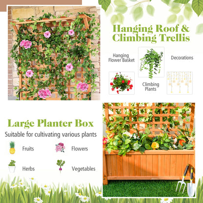 COSTWAY Raised Garden Bed with Trellis, Indoor & Outdoor Wooden Planter Box with Hanging Roof, Drainage Holes, Freestanding Vertical Planter for Vines, Climbing Plants, Flowers, Vegetables