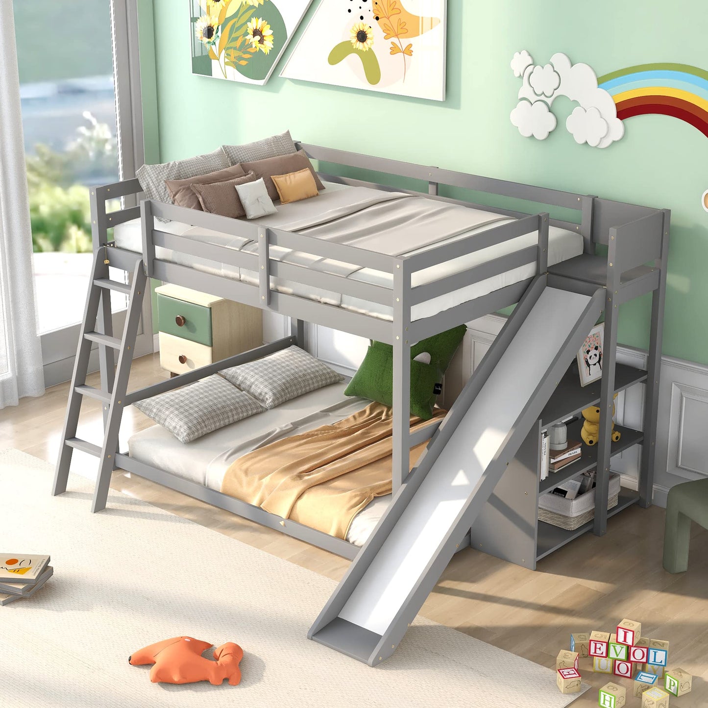 Merax Modern Full Over Full Wood Bunk Bed with Ladders and Slide, Floor Bunk Bed Frame with Storage Shelves, No Box Spring Needed, Space-Saving Grey