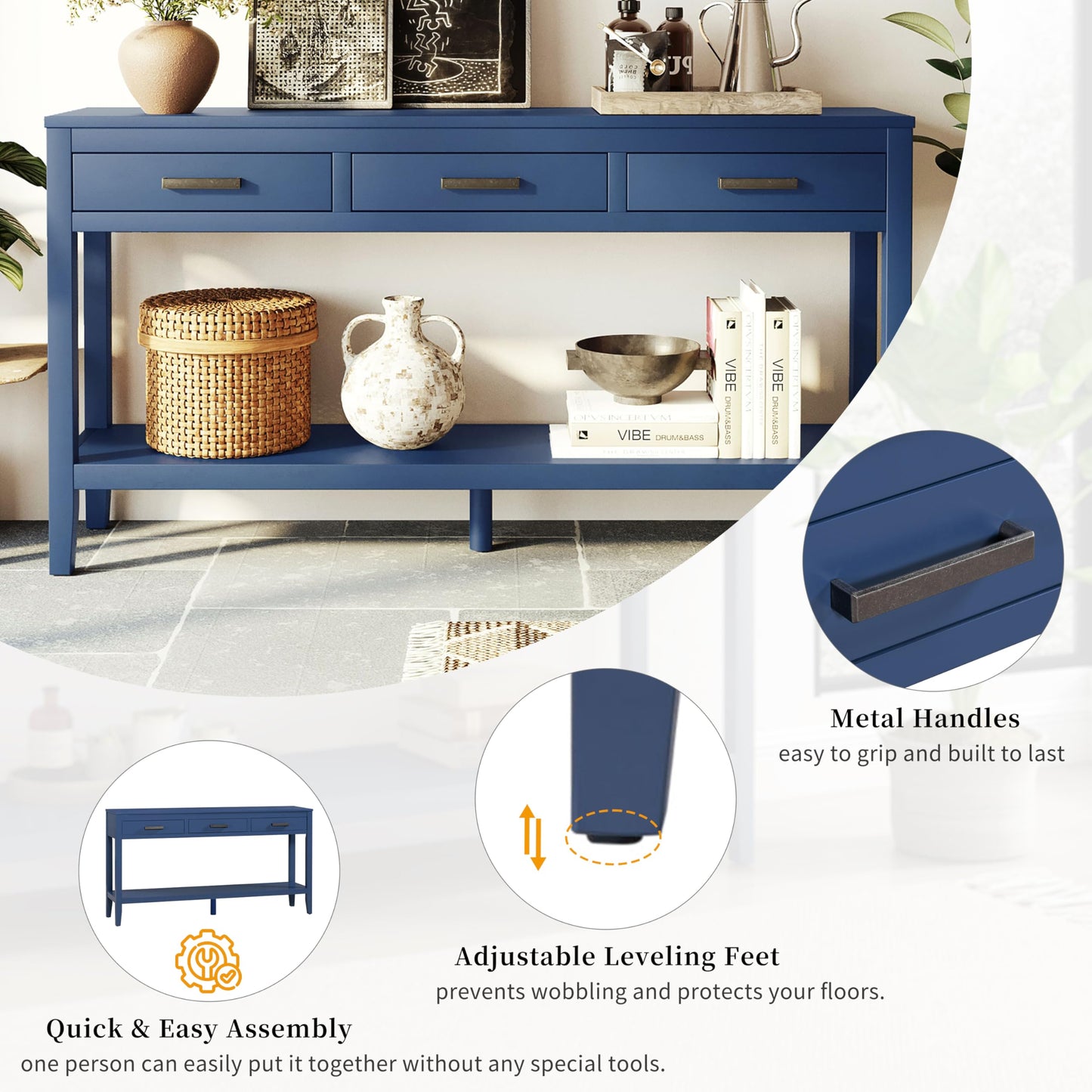 Merax Entryway Console Table, with 3 Storage Drawers, Bottom Shelf Design/Wood Frame/Behind Couch & Sofa, Blue