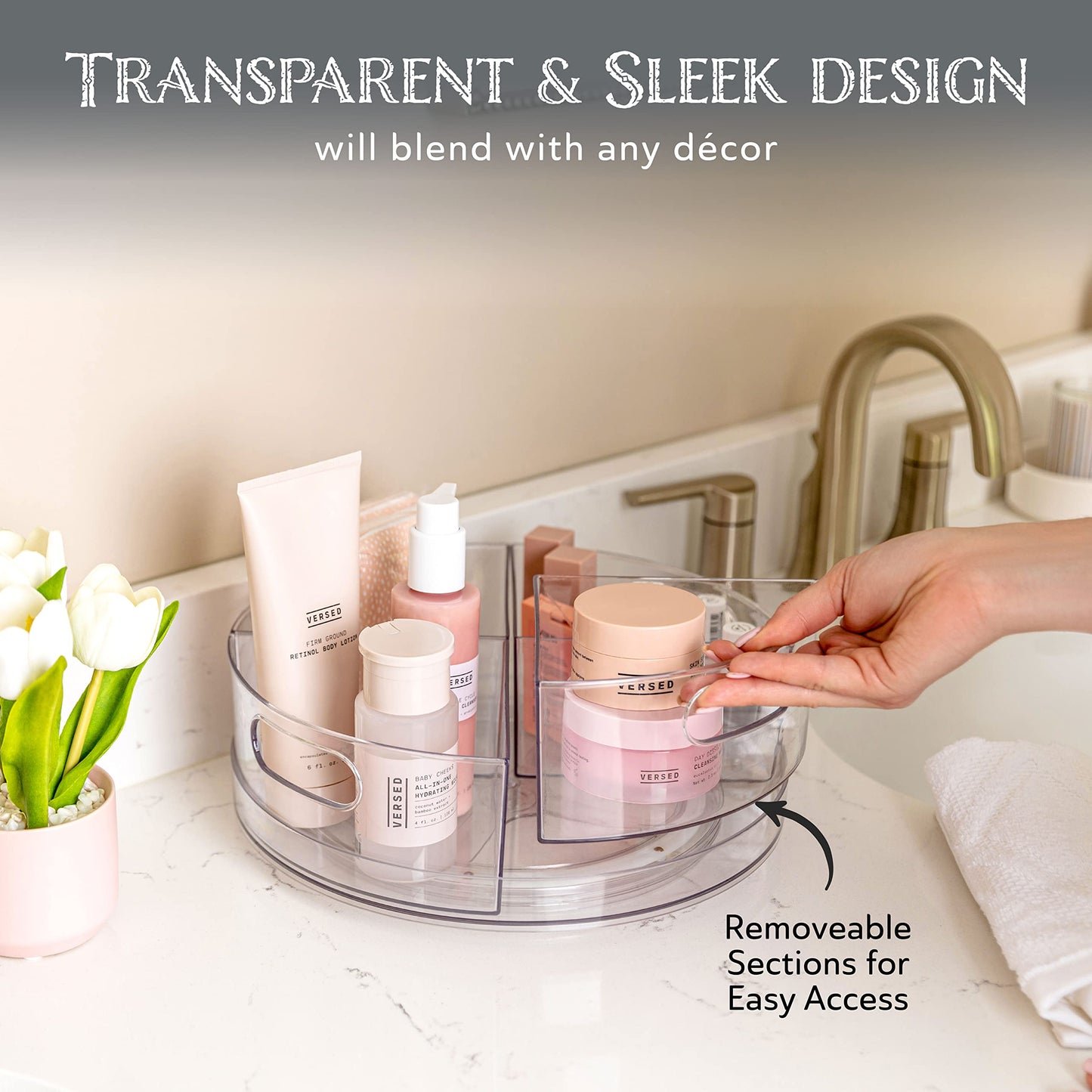 Oizeir Lazy Susan Turntable - Clear Acrylic, Removable Sections, Rotates 360 Degrees. Easily Organize Your Fridge, Cabinet or Counter. Great Carousel Storage for Food, Spices, Cosmetics. (4-Sections)