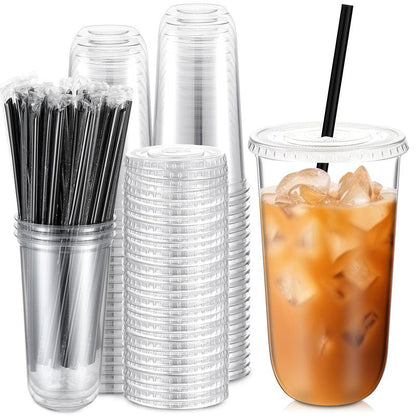 Ziliny 100 Set Clear Plastic Cups with Lids and Straws, Disposable Iced Coffee PET Cups for Drinking Cold Beverage Juice Parfait Smoothie Milkshake Coffee Shops Party Supplies (20 oz)
