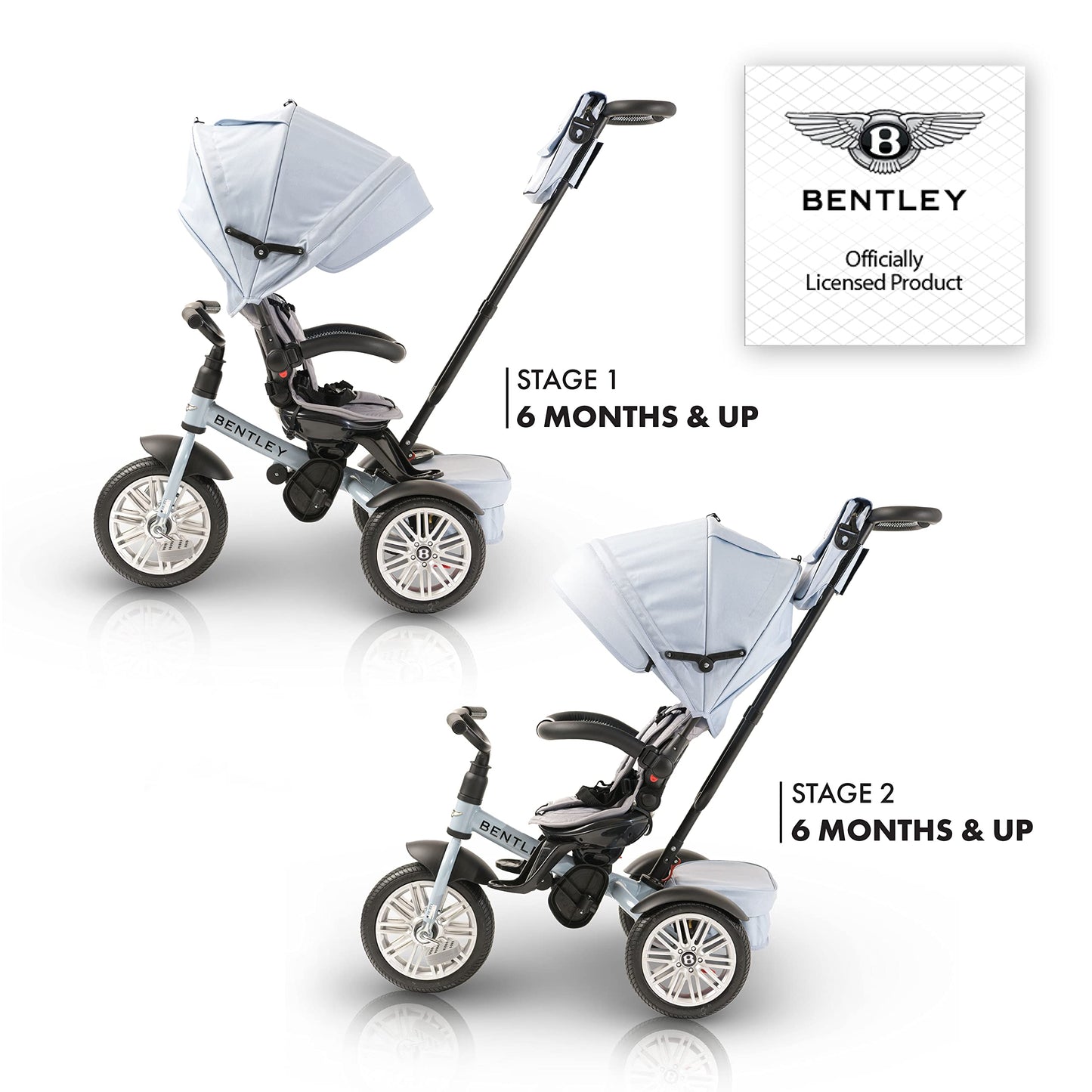 Bentley 6-in-1 Baby Stroller & Toddler Tricycle – Officially Licensed Luxury Kids Bike, Convertible Travel Strollers & Kid Trike with Air Wheels, Canopy & Safety Features (6m-5y+ | Jetstream Blue)