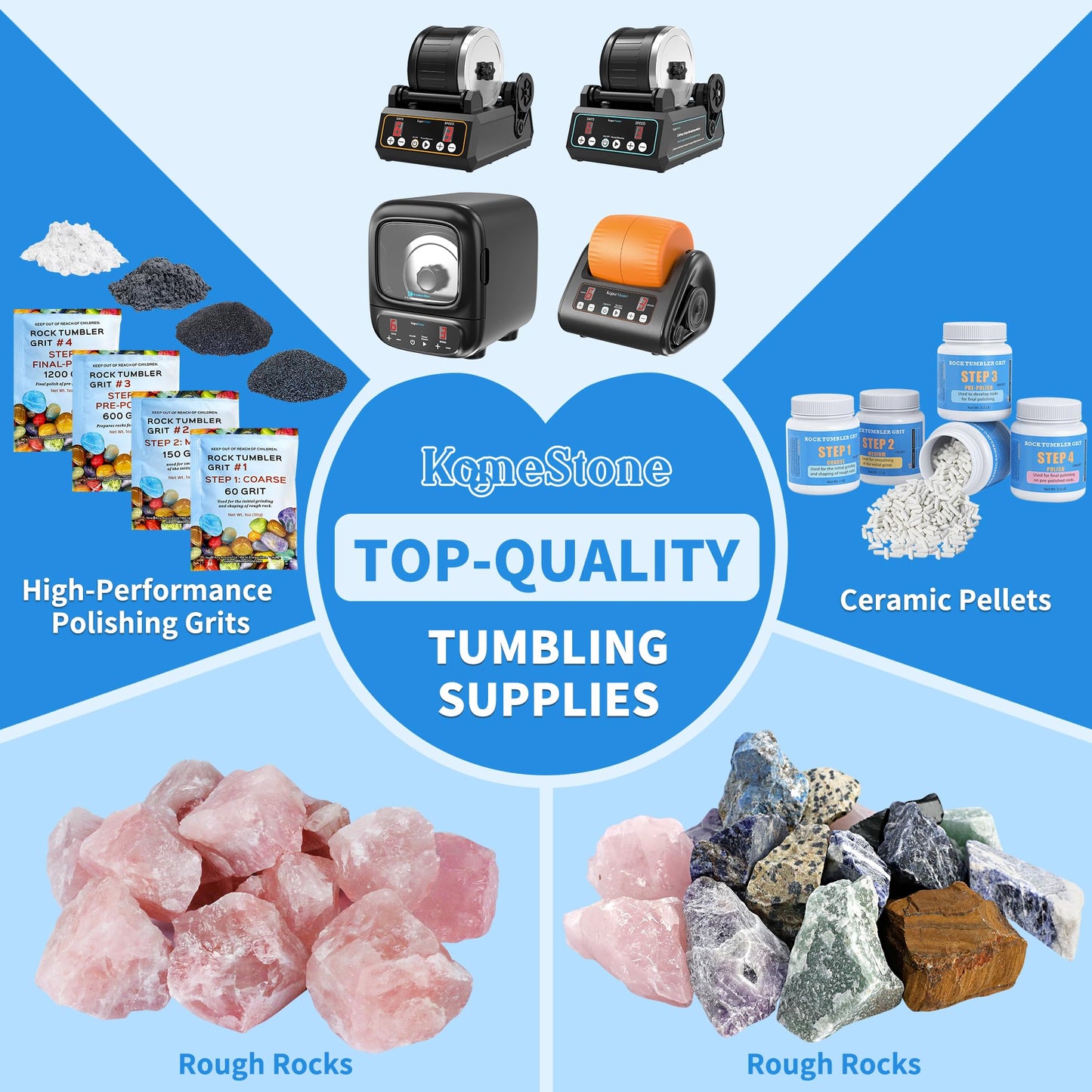 KomeStone Rough Raw Colorful Rocks & Rock Tumbler Polishing Refill Grits, High Performance Polishing Grits and Crystal Stones for Another Batch of Rocks Tumbling, Suitable for All Rock Tumblers