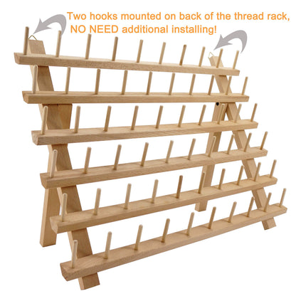 New brothread 4X60 Spools Wooden Thread Rack/Thread Holder Organizer with Hanging Hooks for Embroidery Quilting and Sewing threads