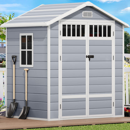 DWVO 6x4.4 FT Resin Storage Shed with Fence-Style and Side Windows, Lockable Door, and Vents for Garden, Backyard, Patio, Lawn, Gray
