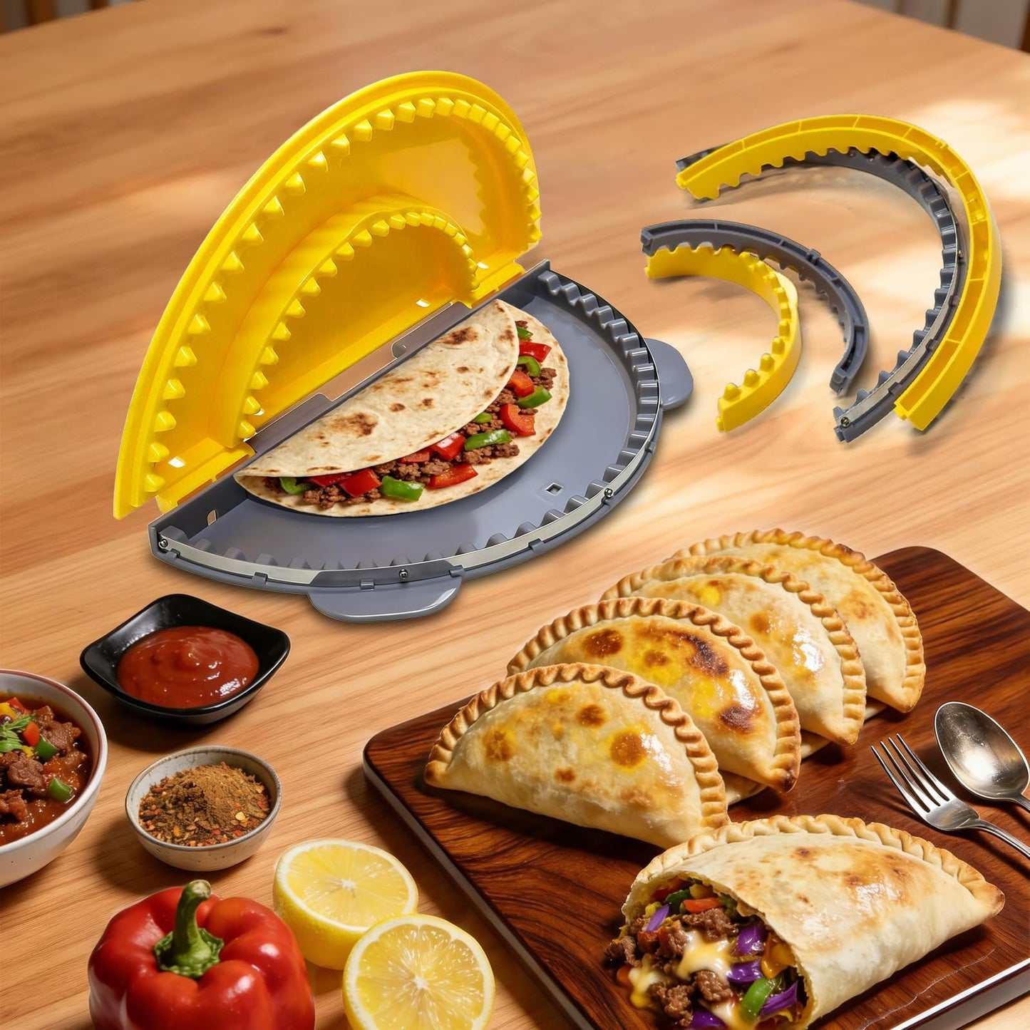 Adjustable 4 In 1 Empanada Maker Press - 4/6/8/10 Inch Large Tortilla Sealer with Steel Cutting Blade,Leak Proof Wave Tooth Design for Wraps,Burritos,Tortilla,Pasties,Pierogi,Pastelitos,Dumplings