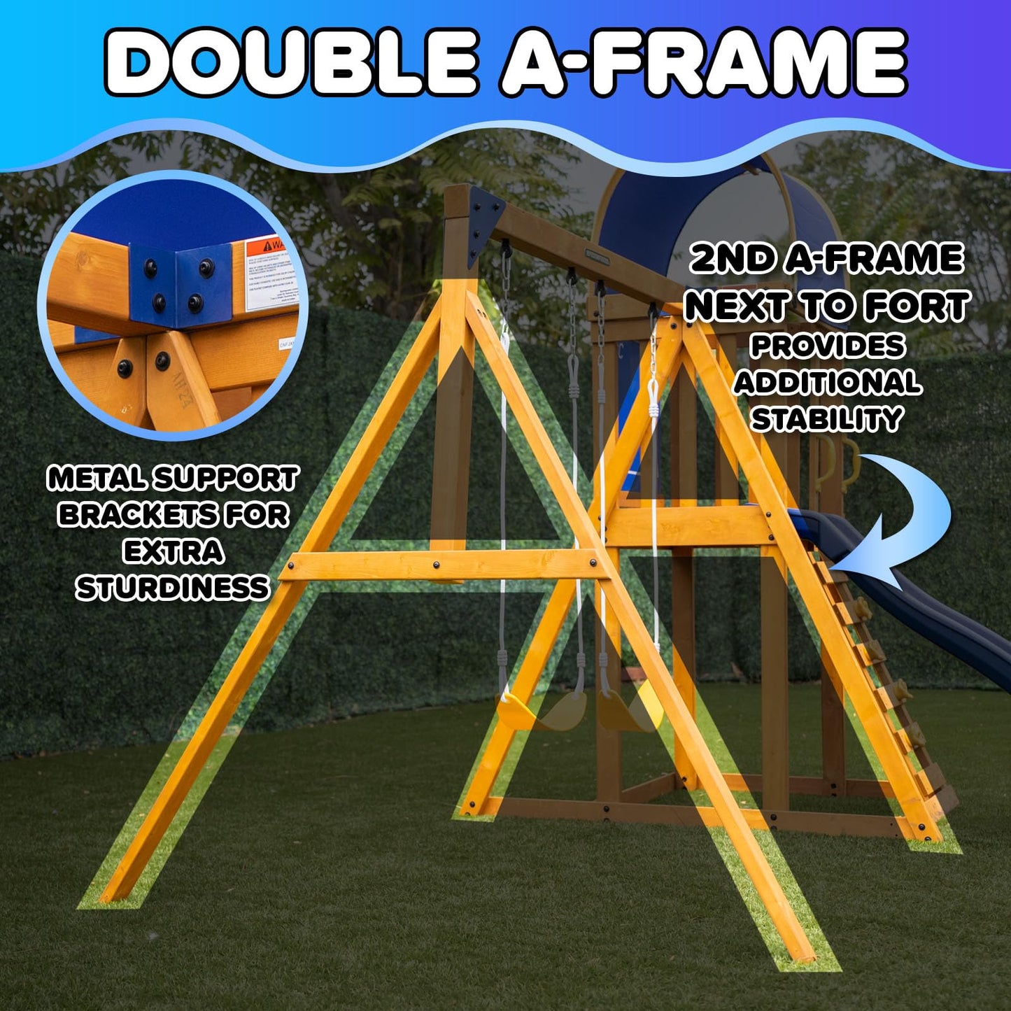 Sportspower Amelia Galaxy Cedar Wooden Swing Set for Night Play with 2 LED Swings, Play Fort with Sandbox, Heavy Duty Double A-Frame, on 6ft LED Slide, Bonus Anchor Kit