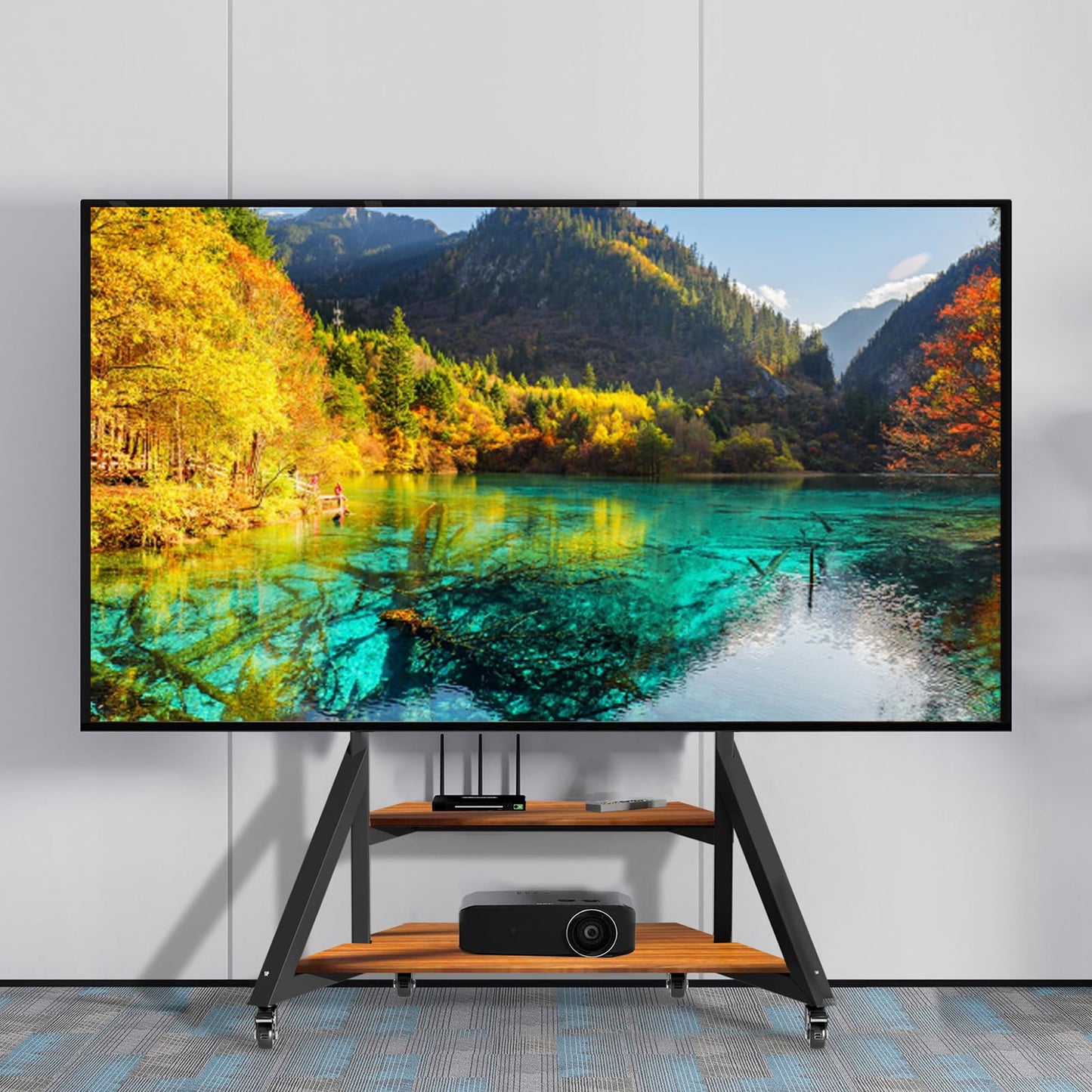 Vanconwey Mobile TV Stand for 65-100 Inch TVs,Adjustable Heights TV Mount Stands with Large Wood Shelf and Wheels,Modern Living Room Rolling TV Stand, Up to 220 lbs,VESA 800x600mm,Walnut(VC-Z1188)
