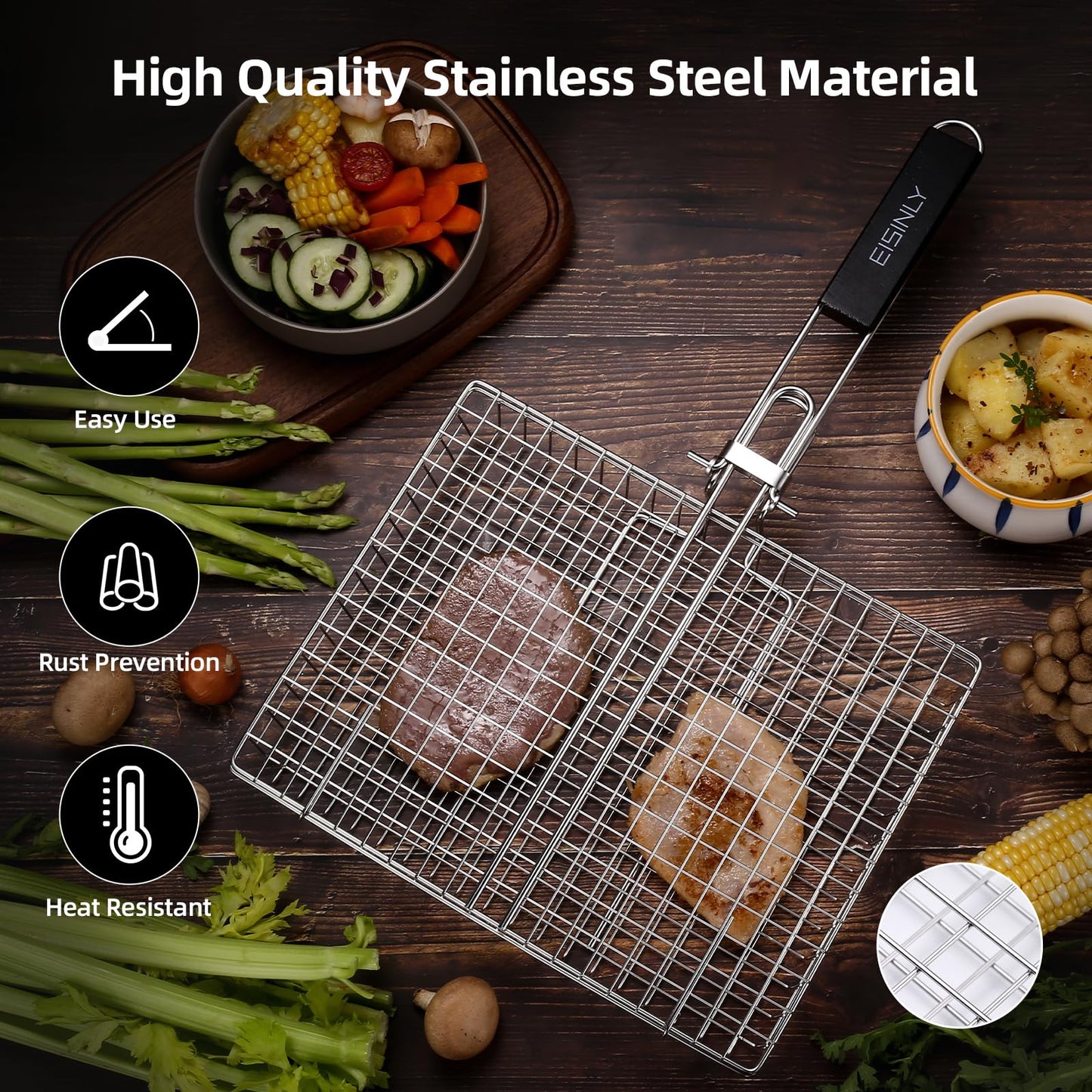 Portable Grill Basket, EISINLY BBQ Grilling Basket for Outdoor Grill with Removable Handle, Stainless Steel Camping Cooking Grill Accessories for Chicken Fish Vegetable