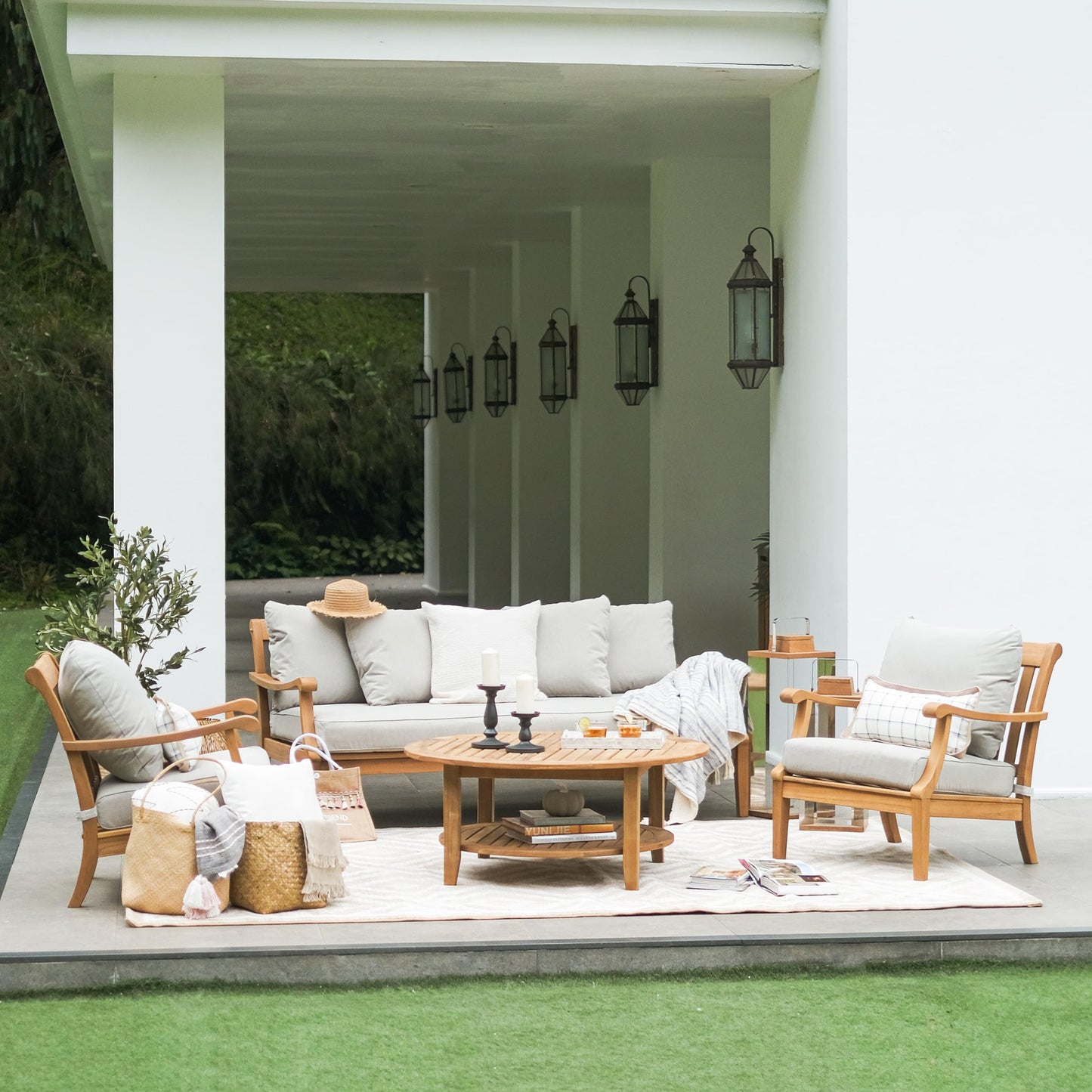 Cambridge Casual Robin Teak Wood Outdoor Sofa Bed with Oyster Thick Cushion, Weather-Resistant Patio Lounger, Seats Up to 3 People, 750 lb Weight Capacity, Removable Cushion