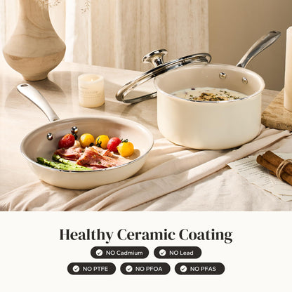 Redchef Sauce Pan & Frying Pan Set, 8" Ceramic Nonstick Fryingpan & 2.5Qt Saucepan with Lid, Mini Cookware Set, Induction Compatible, Nontoxic PTFE PFOA Free, Oven & Dishwasher Safe, Beige