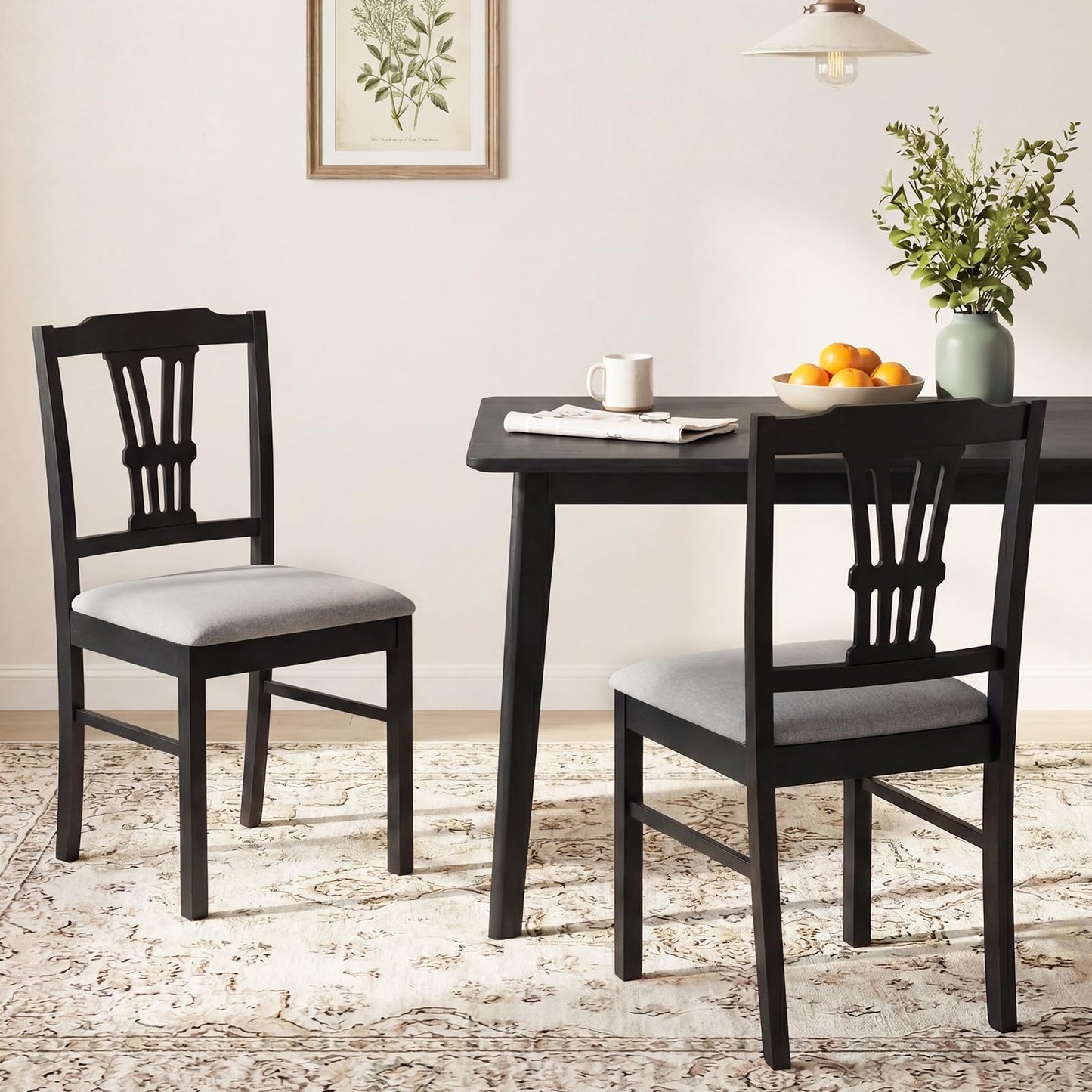 Giantex Wooden Dining Chairs Set of 4, Upholstered Kitchen Chairs with Solid Rubber Wood Frame, Hollowed Backrest & Soft Padded Seat, Armless Dining Chairs for Kitchen, Dining Room, Black & Gray