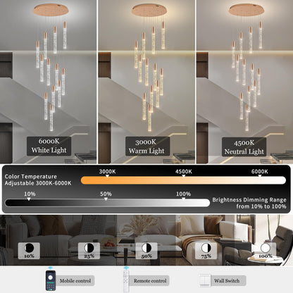 Upfelw Modern High Ceiling Crystal Chandelier 12-Lights, Large Spiral LED Raindrop Foyer Pendant Lighting, Bubble Staircase Living Room Hanging Light Fixture Flush Mount Gold