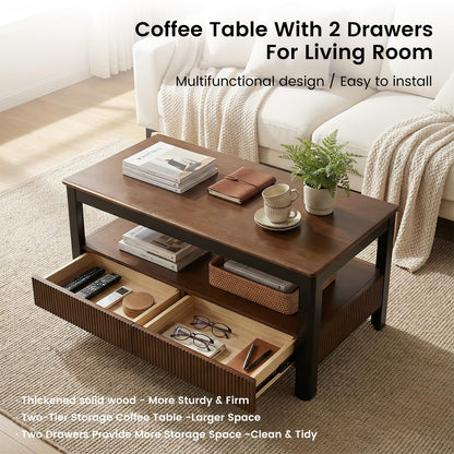 39.4" Walnut Solid Wood Coffee Table for Living Room,Mid Century Modern Real Wooden Fluted Coffee Table with 2 Drawers & Open Shelf Storage for Home Office,Oak Rectangle