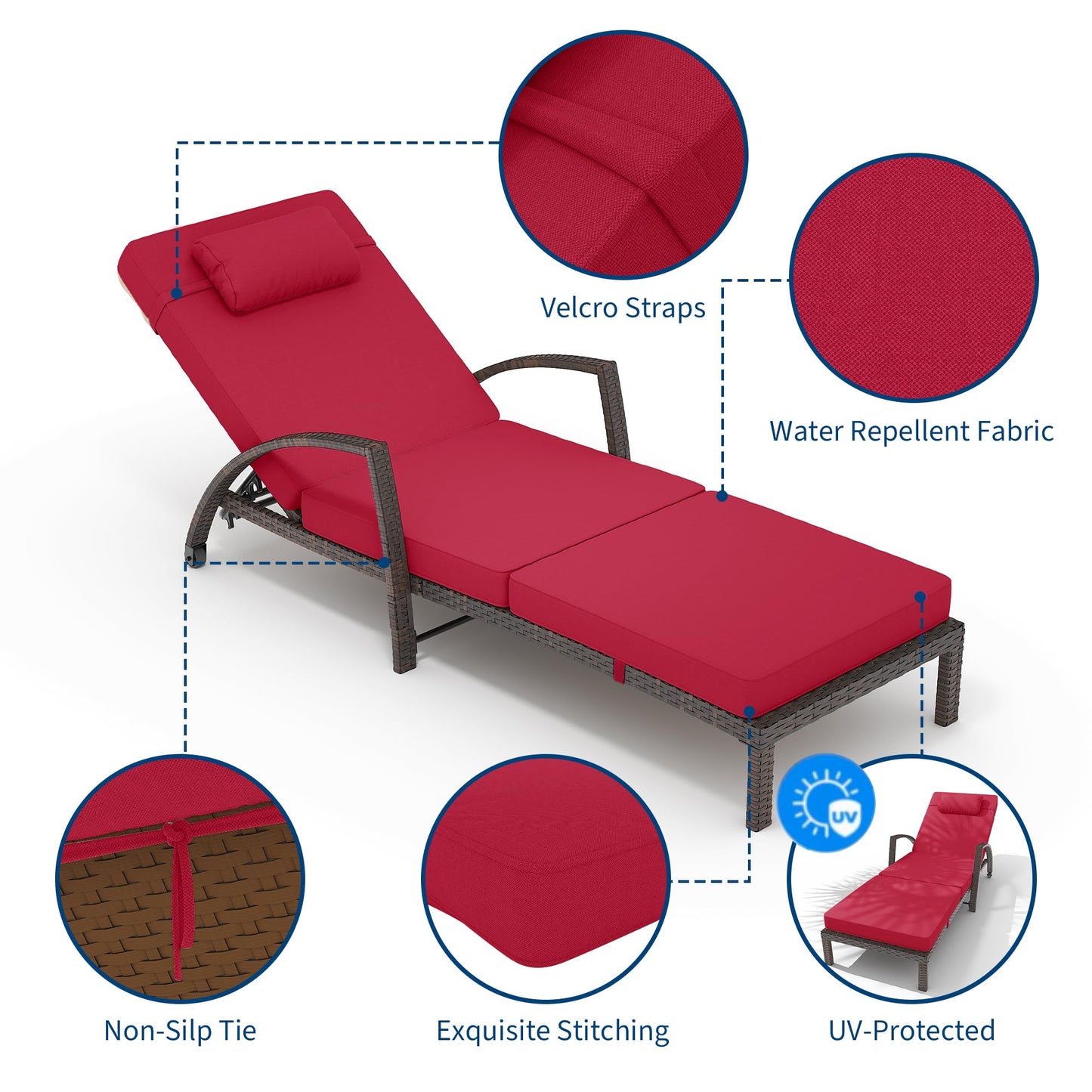 GarveeLife 2-Piece Rattan Patio Folding Chaise Lounge, 5-Position Adjustable Backrest Outdoor Lounge Chair with Cushion and Pillow for Poolside, Backyard, Deck, Porch, Red