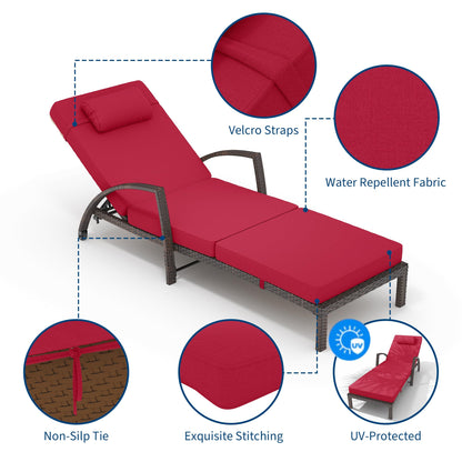 GarveeLife 2-Piece Rattan Patio Folding Chaise Lounge, 5-Position Adjustable Backrest Outdoor Lounge Chair with Cushion and Pillow for Poolside, Backyard, Deck, Porch, Red
