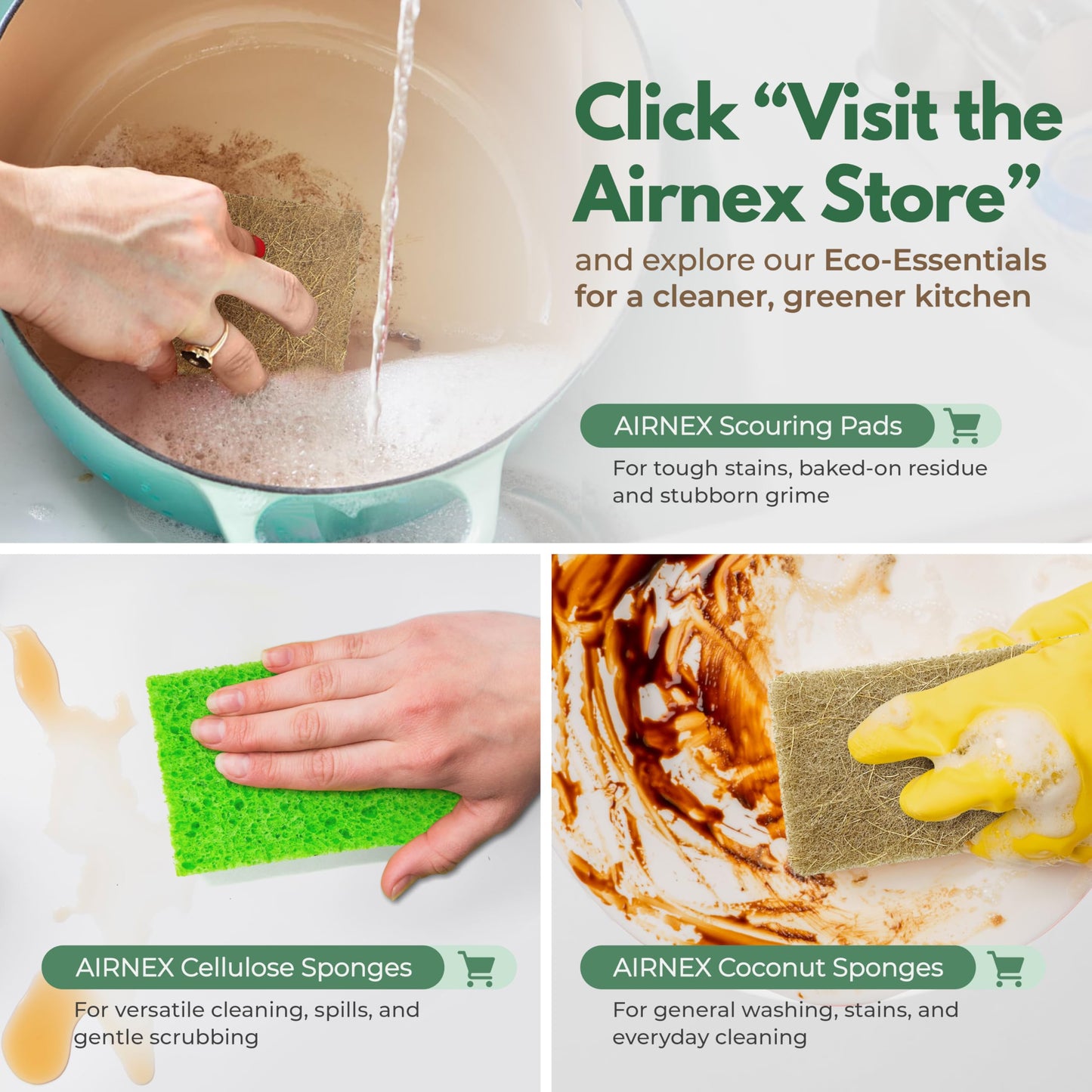 AIRNEX Plant-Based Scouring Pads for Dishes - Coconut Husk Non Scratch Scrub Pads - Natural Kitchen Scrubbing Pads for Pots & Pans - Eco Friendly & Non Abrasive Dish Scrubber Pads - Pack of 24