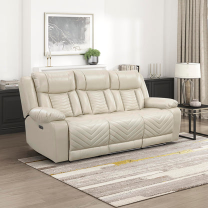 Lexicon Wall Hugger Power Double Reclining Sofa with Center Drop-Down Table, Faux Leather Home Theater Seating with LED Lighting/USB Charging Ports/Wireless Charger/Cup Holders, Magazine Pocket, Beige