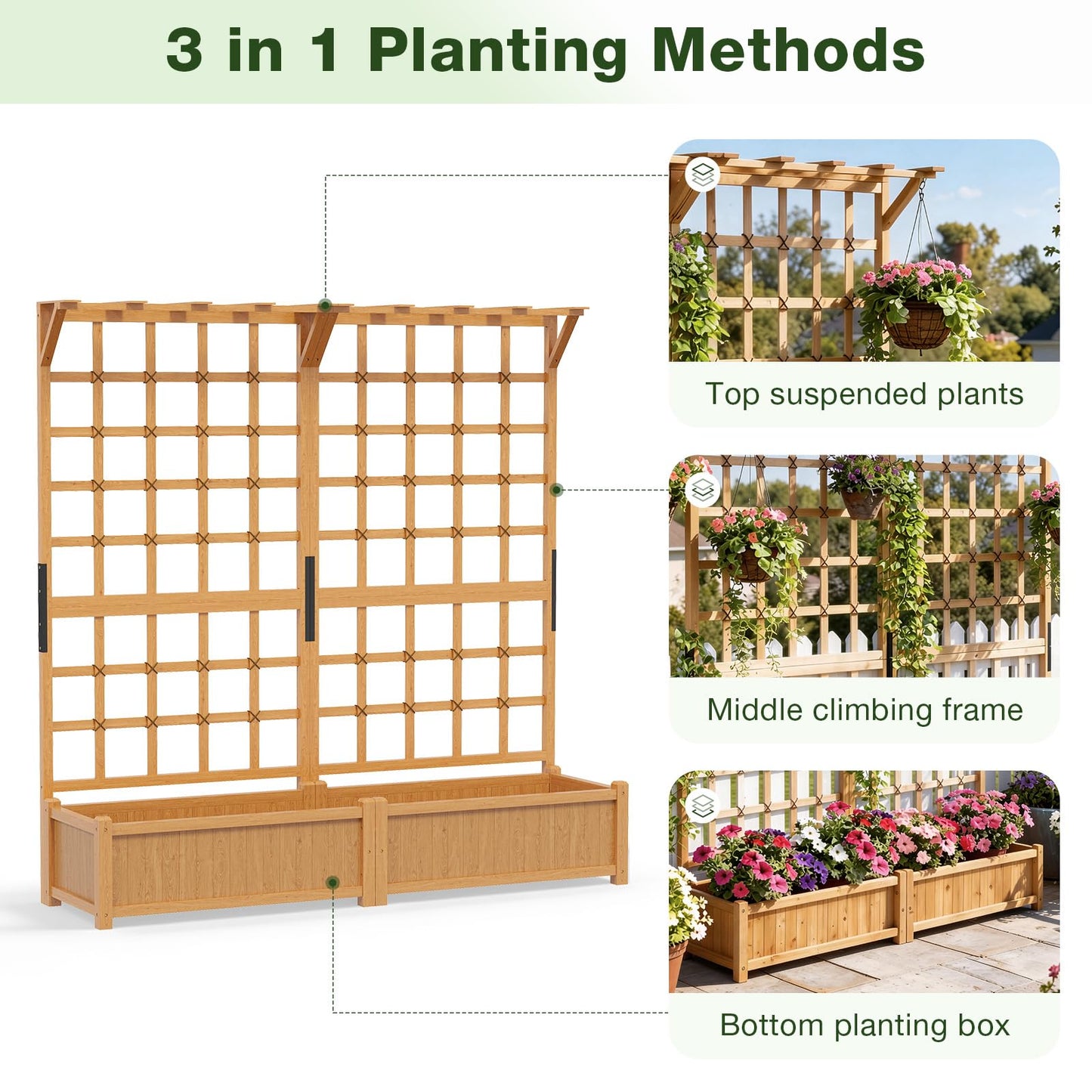 Aoxun 108" Wooden Raised Garden Bed with Trellis & Hanging Roof, 3-Piece Plant Planter Boxes for Climbing Vines, Flowers & Plants