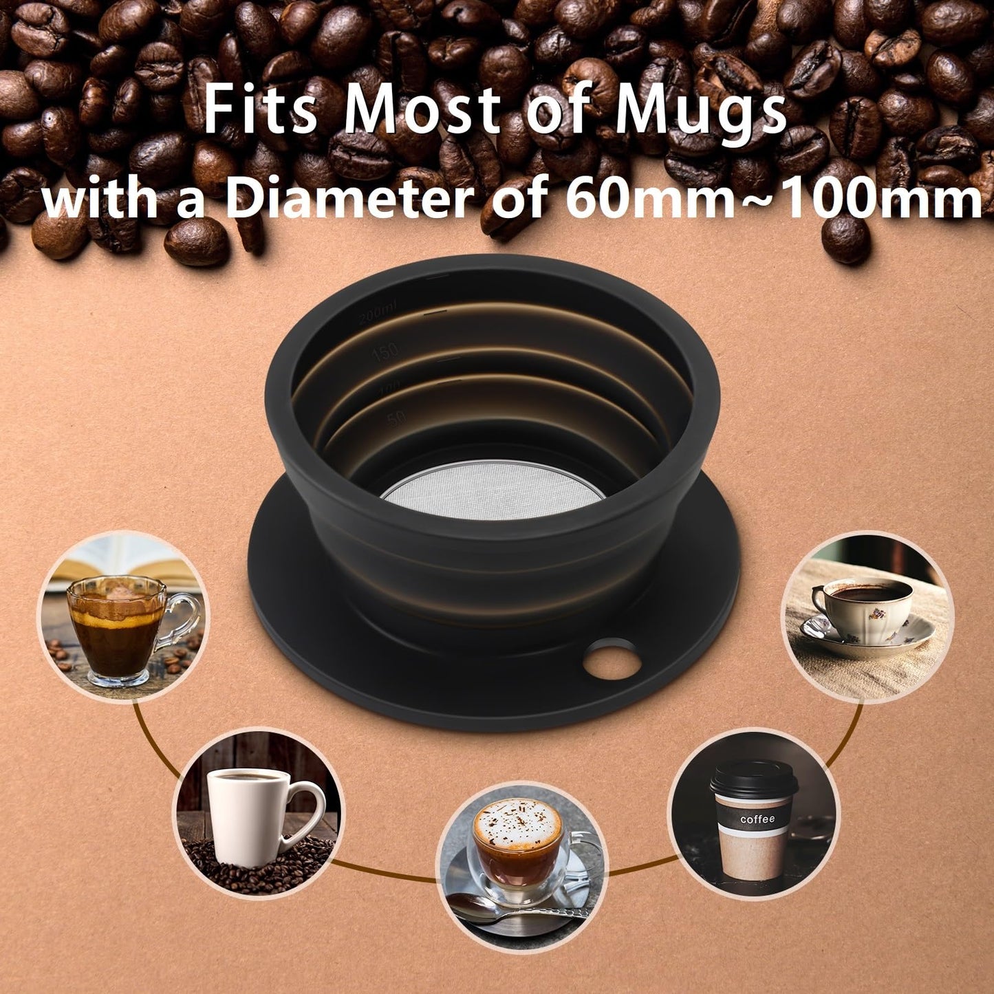 2-Packs Travel Collapsible Paperless Pour Over Coffee Dripper Kit with Stainless Steel Filter, Travel Pour Over Coffee Maker Camping, Silicone Coffee Strainer Pour Over Single Cup (Brown+Black)