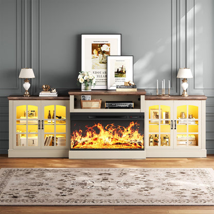 OneBlis 97" Fireplace TV Stand with 36" Electric Fireplace, Farmhouse Entertainment Center for TVs up to 100", Media Console Table with Large Storage Cabinets, for Living Room, White