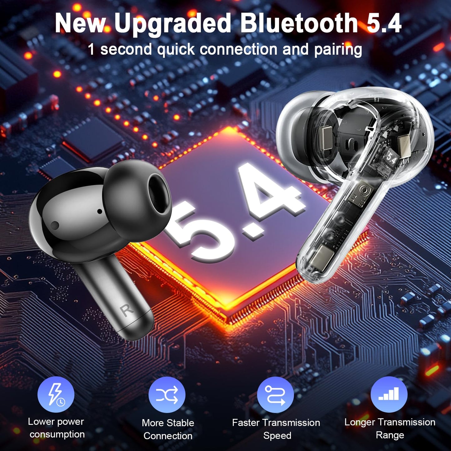 Wireless Earbuds, 2026 3D-Stereo Bluetooth 5.4 Headphones Deep Bass Ear Bud, 4 ENC Noise Cancelling Mic, 40+Hrs USB-C Earphones, IP-X7 Waterproof Headset for Sport Workout Gym Laptop Pad Android iOS