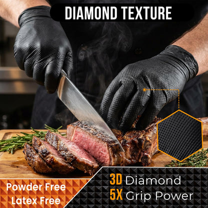 ANBOSON Black 10 Mil Nitrile Gloves, Diamond Textured Grip, Extra Thick Heavy Duty Disposable, Latex-Free, Tear & Chemical Resistant, Multipurpose Gloves for Kitchen, Cleaning, Medium