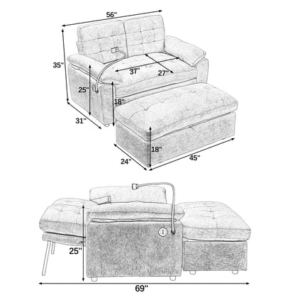 Eafurn 56" Convertible Loveseat Sofa Bed with Ottoman, Adjustable Loveseat Couch Sleeper Chair, Folding Futon Sofa with Phone Holder & Charging Port, Deep Seat Lounge Couch for Living Room