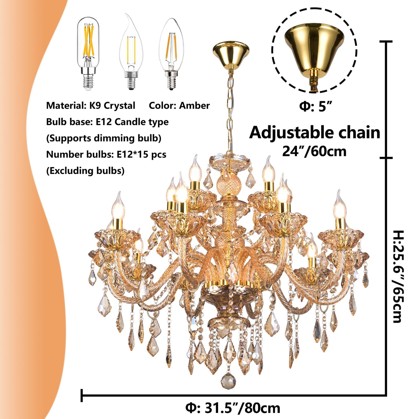 Vimatto Luxury K9 Crystal Amber Color Modern Classic 15 Lights Ceiling Chandelier with Adjustable Height E12 Candelabra Base Fixture for Dining Room Kitchen Living Room