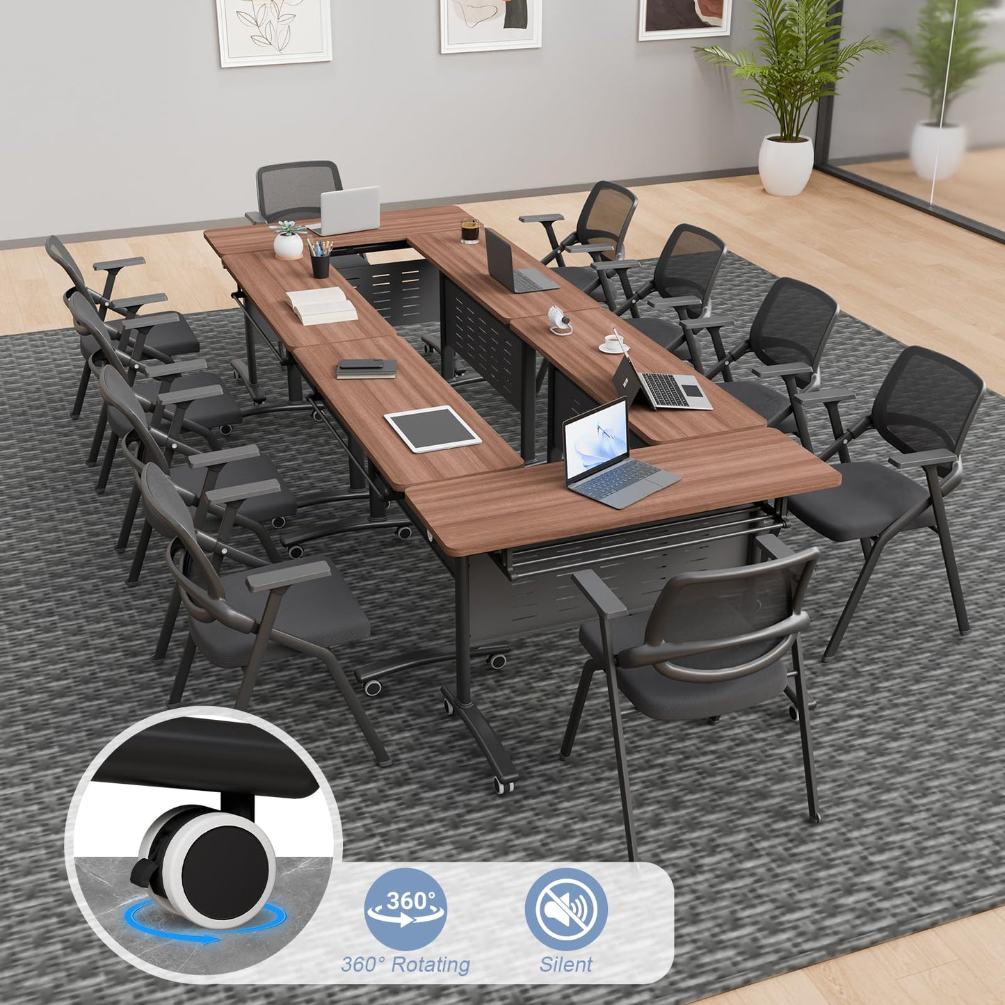 Usosidam 47.2" Folding Conference Tables, Modular Conference Room Table with Silent Lockable Wheels, Flip Top Training Table,for Office Classroom Seminar, for 6-12 Person, Walnut 2, 8 Pack
