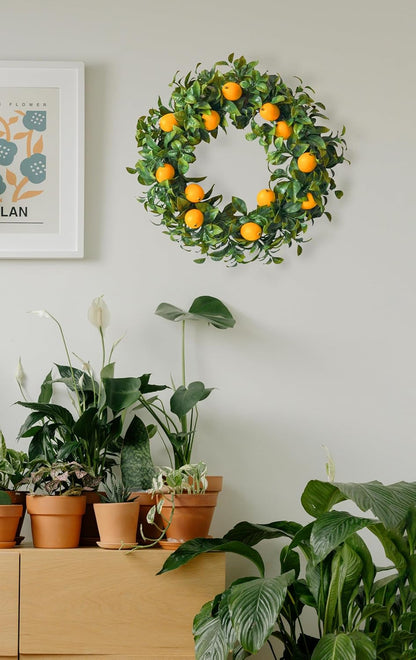 Mr. Bom 15 Inch Artificial Lemon Wreath - Boxwood for Front Door, Spring Summer Holiday Decoration, Indoor Outdoor Use