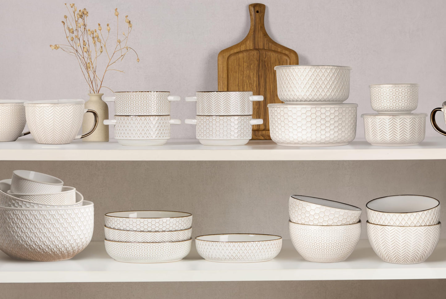 KooK Serving Bowls, with Lids, Ceramic Nesting Bowls, Set of 4, Embossed, Kitchen, Prep, Stackable, Gift, Microwave and Dishwasher Safe, 10/16/29/47 oz, Narbonne Collection (Ivory)