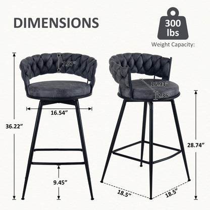 YOUNIKE Bar Stools Set of 2, 28.7 inch Seat Height Bar Chairs, 360° Swivel Counter Height Barstools with Woven Back and Armrest, Upholstered Suede Fabric Counter Stools for Kitchen Island, Pub, Grey