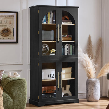 Joaxswe 72" Tall Bookshelf Set of 2, Farmhouse Bookcase with 3-Tier Adjustable Shelves, Modern Living Room Display Cabinet with Glass Doors, Large Storage Cabinet for Home Office,Dining Room, Black