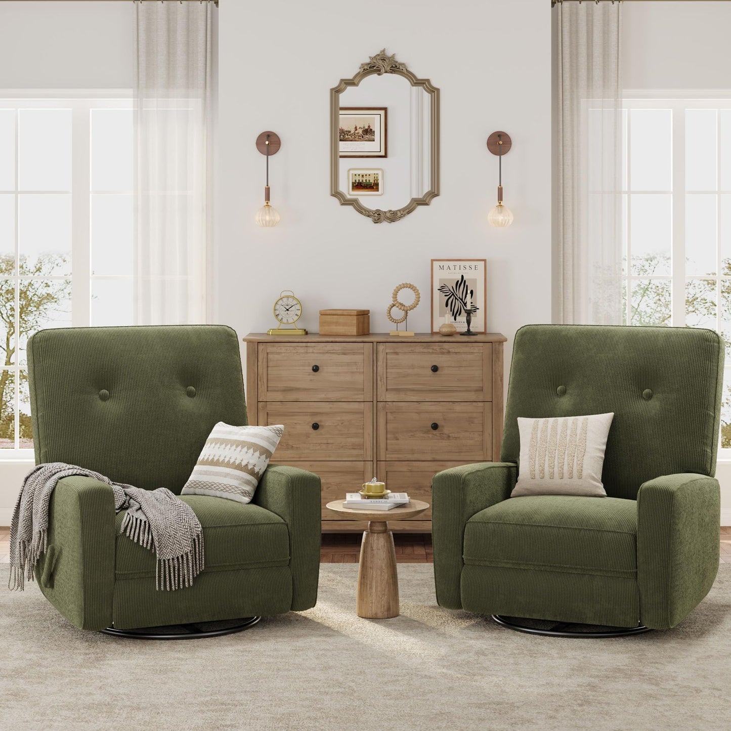 Garvee Nursery Recliner Chair, 360° Swivel Rocking Glider Chair for Adults with Adjustable Backrest & Footrest, Cozy Corduroy Upholstered Armchair for Living Rooms, Bedrooms, Apartments, Green