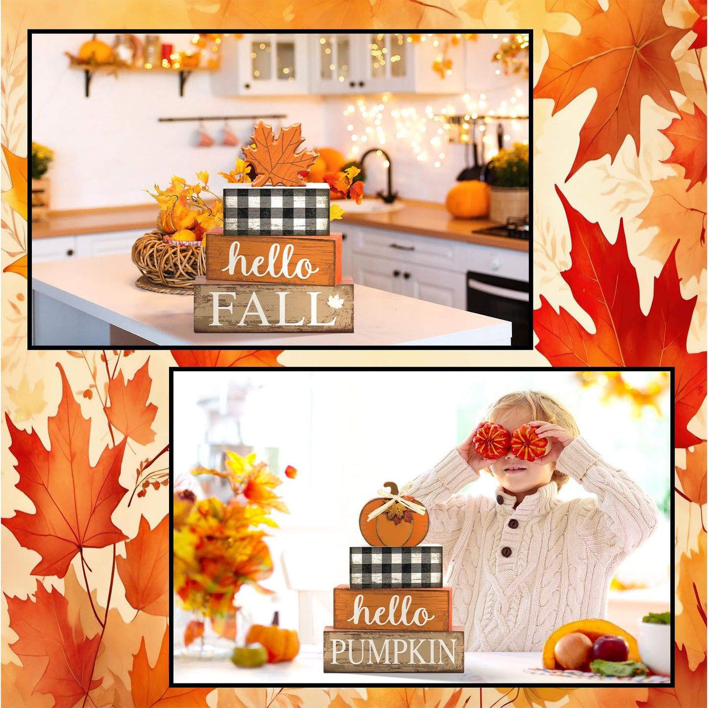 Briwooody 5 Pcs Thanksgiving Table Decor Wooden Reversible Maple Leaves Pumpkin Fall Tiered Tray Decor Thanksgiving Centerpiece Maple Leaves Pumpkin Block Signs Farmhouse Autumn Decoration for Home