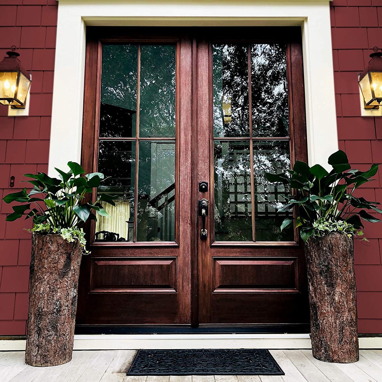 Bushy Box Country Front Door Tall Log Planters Set (2) Extra Large Heavy Cabin, Farmhouse & Lake House Entrance Pots. Rustic Porch & Patio Plant Decor.