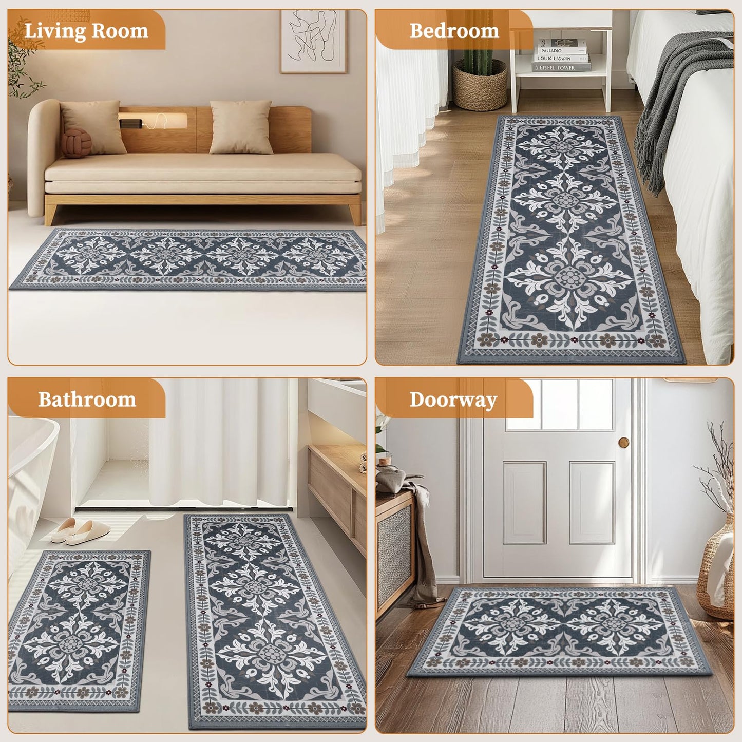 DailyCuddles 3-Piece Kitchen Rugs, Non-Slip & Washable Floor Mats, Water-Absorbent Area Pad, Standing Desk Mat for Office, Home, Doorway, Laundry, Kitchen Accessories (Grey)