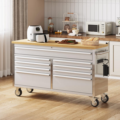 61-Inch Heavy-Duty Rolling Tool Chest & Mobile Workbench with 9 Drawers, Steel Storage Cabinet, Rubber Wood Tabletop, Key Locking System and Drawer Liners for Garage, Workshop, Repair Shop, Silver