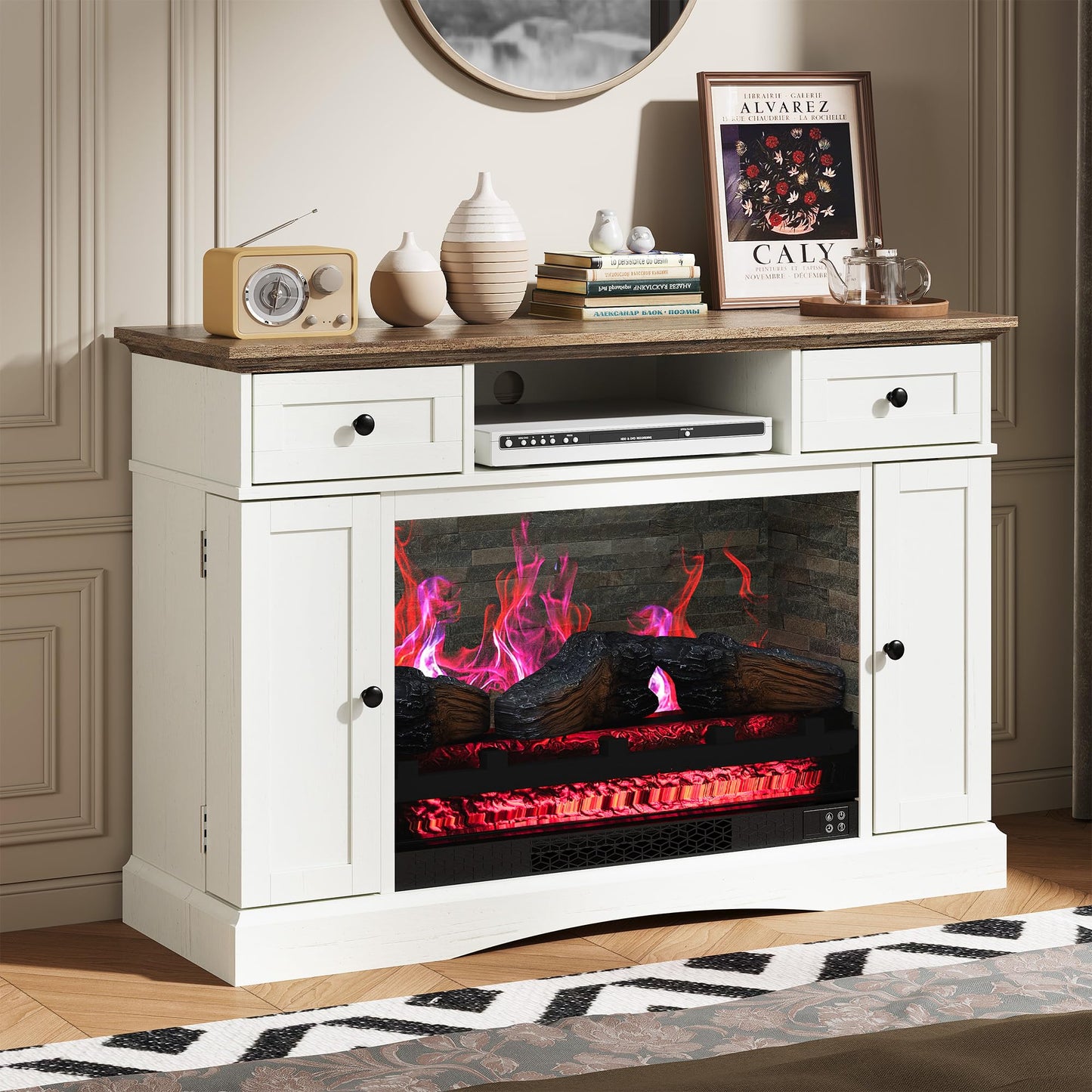 FansaFurn TV Stands with 28'' Electric Fireplace, Media Console Table with Adjustable Shelves & Double-Door, Entertainment Center for TVs up to 55'' for Living Room, White and Rustic Oak
