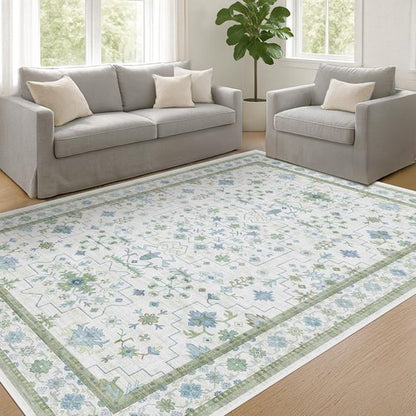 Hazo Haus Cream Oushak 6x9 Area Rug - Boho Floral Design in Cool Blue & Green, Washable Non-Slip Low Pile