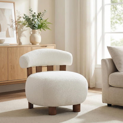Merax Modern Boucle Accent Chair, Upholstered Barrel Armlesschair with Solid Wood Legs, Comfy Lounge Reading Chair for Living Room Bedroom, White