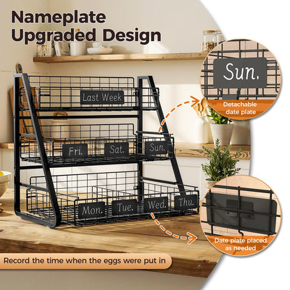 Sevenblue Upgraded Egg Holder Countertop with Removable 5 Dividers & Date Plate, 3 Tier Pull Out Large Egg Basket for Gathering Fresh Eggs, Kitchen Organizer, The Size - 16.7“x16.6”x11.3"