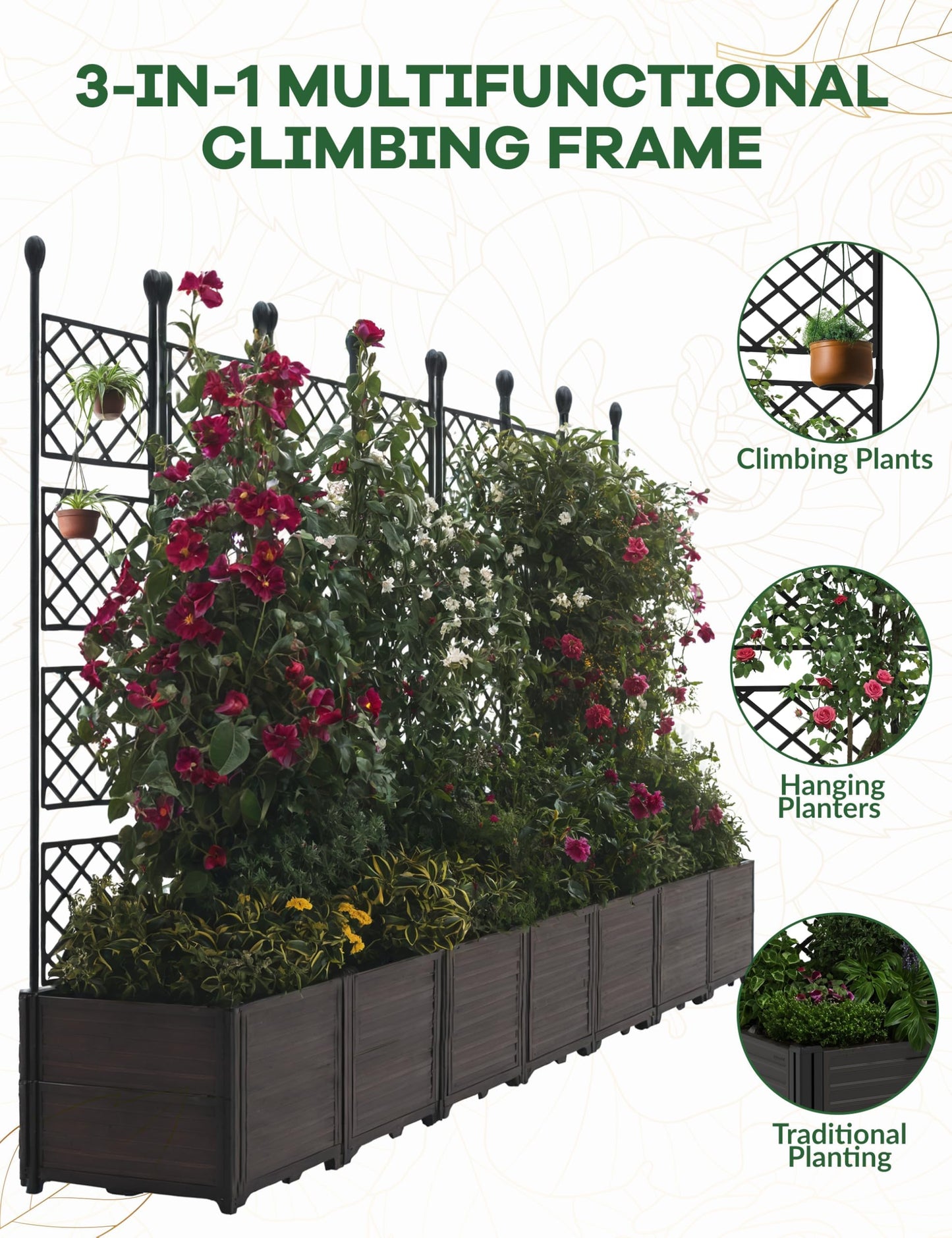 FinerFurnis Large 7-Section Raised Garden Bed with Metal Trellis – Modular Vertical Planter Box, Privacy Screen for Climbing Plants, Small Outdoor Spaces, Patio, Balcony – 7PCS