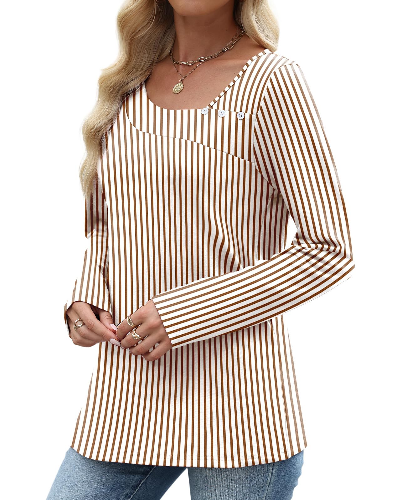 OFEEFAN Long Sleeve Shirts for Women Fall Clothes Asymmetric Square Neck Tunic Tops Decorative Buttons
