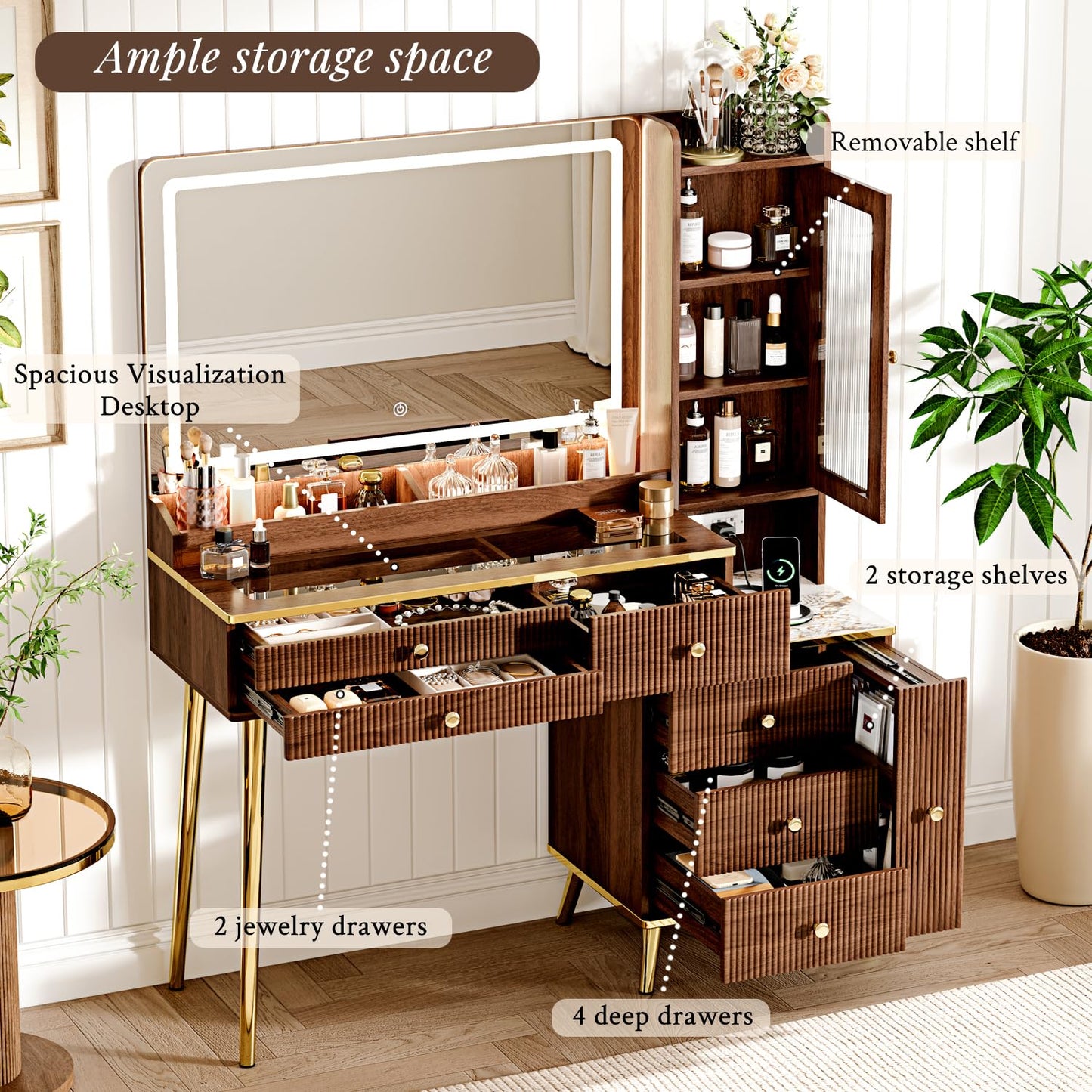Arulvmrn Vanity Desk with 35.12" HD Lighted Mirror, 46.85" Big Modern Vanity Desk with Mirror and Lights, Makeup Vanity with 7 Drawers and Storage Shelves and Charging Station, Walnut