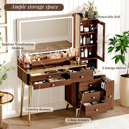 Arulvmrn Vanity Desk with 35.12" HD Lighted Mirror, 46.85" Big Modern Vanity Desk with Mirror and Lights, Makeup Vanity with 7 Drawers and Storage Shelves and Charging Station, Walnut