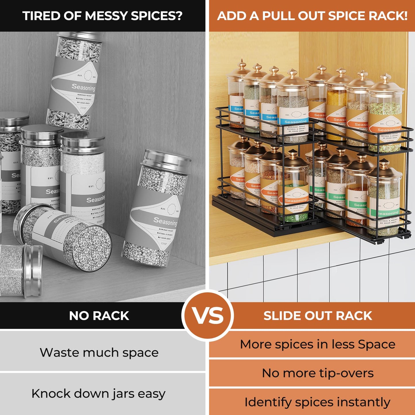 Pull Out Spice Rack Organizer for Cabinet, Slide Out Spice Racks, Easy to Install, 2.1''Wx10.35''Dx8.26''H, 3 Drawers 2 Tiers(Black)