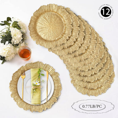 MAONAME Gold Charger Plates Set of 12, Reef Plate Chargers for Dinner Plate, Round Plastic Table Chargers for Thanksgiving, Christmas