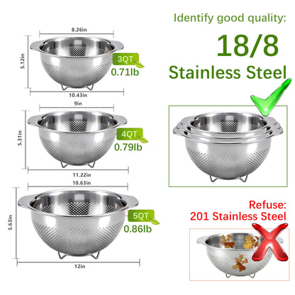 QBGSFSYG 18/8 Stainless Steel Colander for Kitchen - Fine Mesh Strainer with Handle - Rice Strainer Fine Mesh for Vegetables, Fruits, Eggs, Noodles and Pasta, Collander, Dishwasher Safe (4QT)